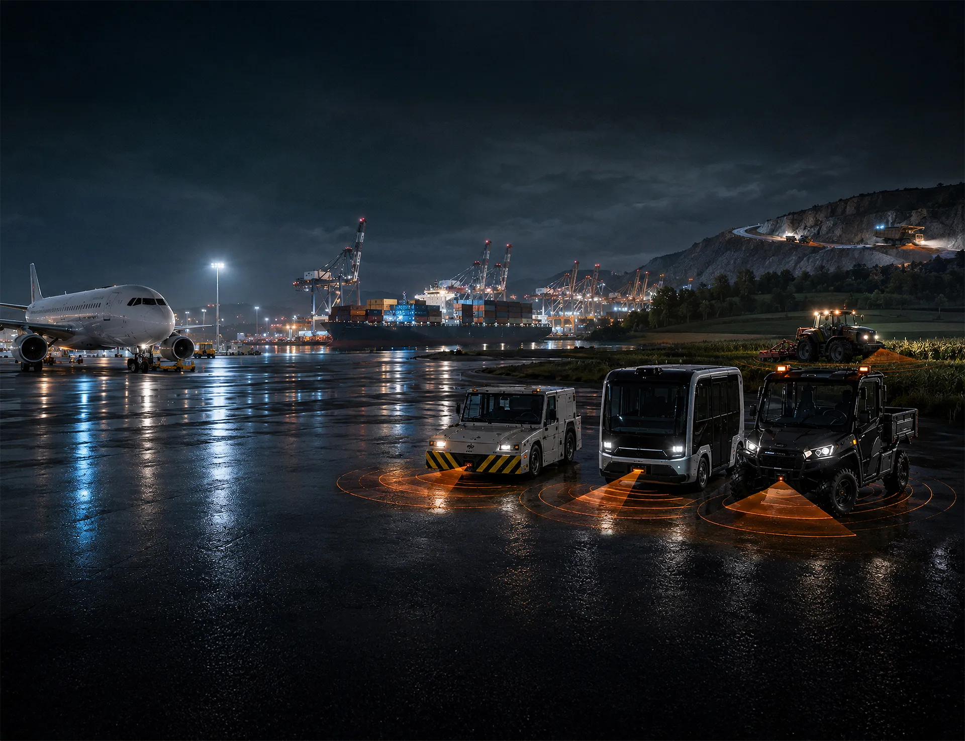 Autonomous airside tugs, a haulage truck and an agricultural tractor working together at dusk
